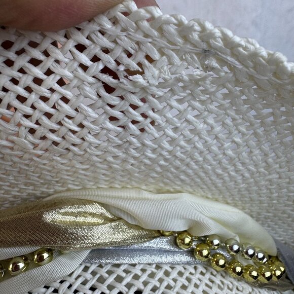 Vintage White Woven Straw Hat With Elegant Gold & Silver Floral Accents Church - Picture 4 of 7